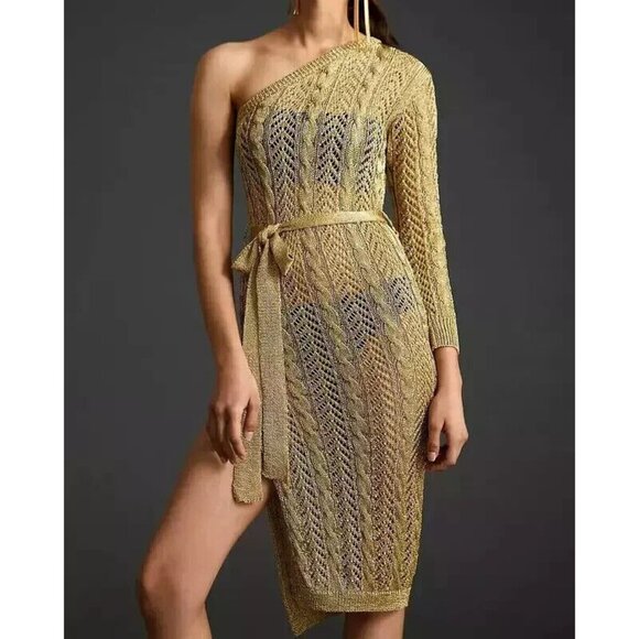 Anthropologie Maeve Swim Cover Up Gold Metallic One Shoulder NWT - Picture 2 of 14